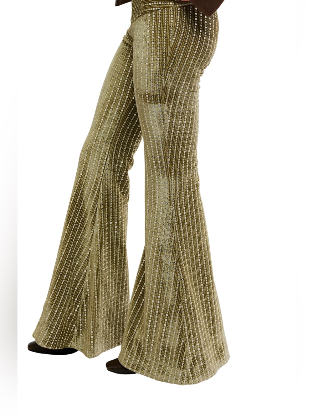 NWOT Free People Start Me Up Velvet Sequin Star Flare Pants – Mosstone – Size 6